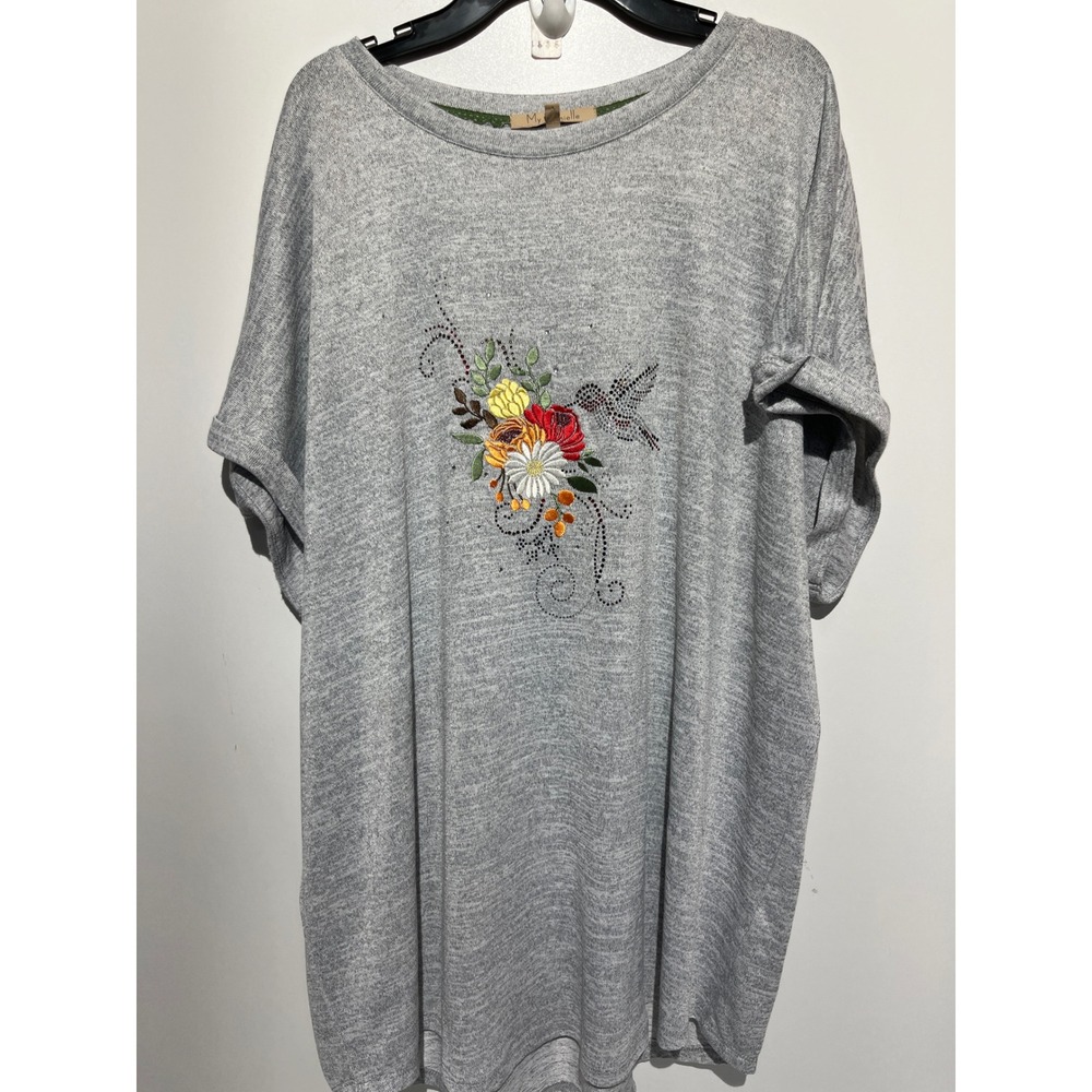 My Danielle Heather Grey Floral Hummingbird Embroidered Top XXL MD22402KH5